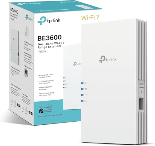 TP-Link Répéteur WiFi 7 RE220BE, Amplificateur WiFi Puissant 3.6Gbps, Port Ethernet Gigabit, Couvre jusqu'à 150 m², Compatible avec Toutes Les Box Internet, Profitez sans Changer Votre Box