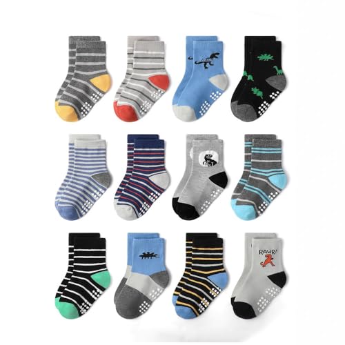 12 pairs Non-Slip Cartoon Kids Socks for Boys&Girls– Combed Cotton, Breathable&Comfortable Socks for Babies&Toddlers (KB192,Small)