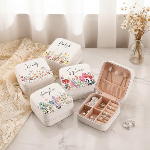 Image of PRIMIT Personalized Jewelry Box with Name & Birth Flower - Custom Travel Jewelry Organizer Case - Bridesmaid, Birthday, Christmas Gift for Women & Girls (White)