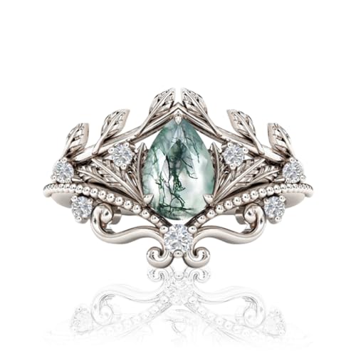 Natural Pear Moss Agate Engagement Ring Set for Women 925 Sterling Silver Genuine Pear Bridal Rings for Her with Engraving Green Moss Agate Wedding Ring Set-23