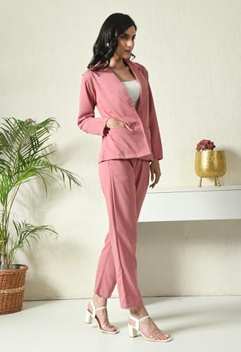 Image of Women's Lyocell Casual Solid Full Sleeve Collared Top and Pant Set with Blazer | Western Set for Women
