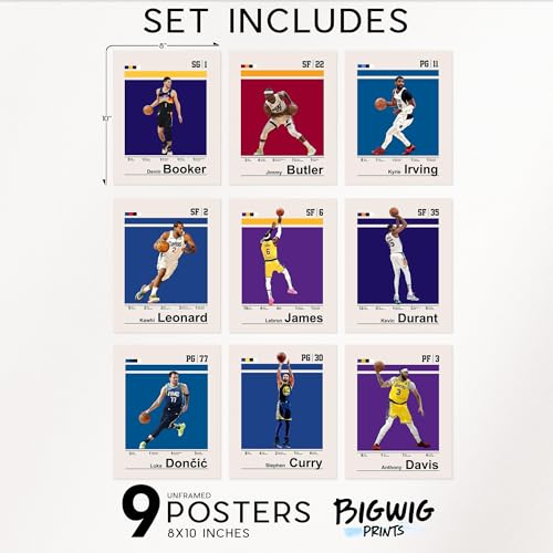 BigWig Prints Basketball Posters - NBA Posters, Basketball Room Decor, Lebron James, Steph Curry, Kevin Durant, Kyrie Irving, Kawhi Leonard, Anthony Davis, Luka Doncic - Unframed 9 Pack (8x10)