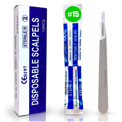 MedHelp Disposable Scalpel 15 Disposable Dermaplaning Blades with Plastic Handle, High Carbon Steel Dermablade Blades. Individually Wrapped 10 Blade - Box of 10