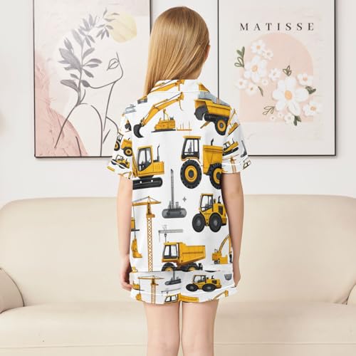 Satin Pajama Sets Short Sleeve Construction Machinery Car Pattern Button Down Silky Nightwear 2 Piece PJS 5-14Y4