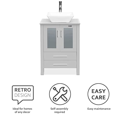 Luckwind 24 Inch Bathroom Vanity Square White Vessel Sink Combo,Grey Bathroom Wooden Cabinet With Ceramic Basin，Silver Chrome Faucet & Pop Up Drain, Mirror #TOP6