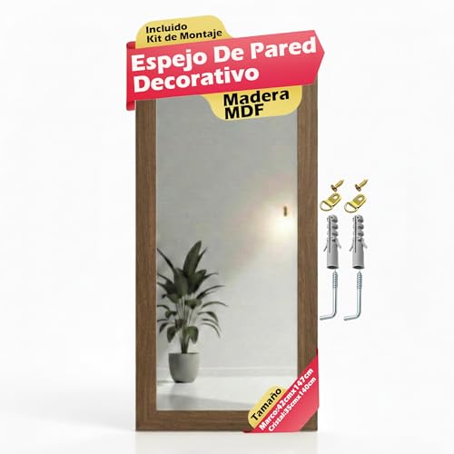 CHELY INTERMARKET MOD128 Espejo Pared Vertical Decorativo Grande Estilo Moderno Marco Madera Cuerpo Entero Elegante 35x140 cm Nogal Ideal Recibidor Dormitorio Baño Incluye Kit Montaje