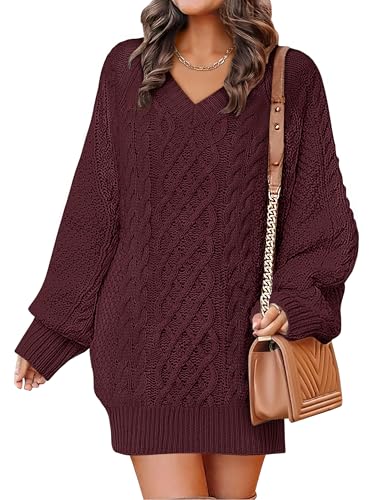 ANRABESS Womens Long Sleeve V Neck Oversized Cable Knit Mini Sweater Dresses 2025 Fall Trendy Baggy Pullover Tunic Outfits