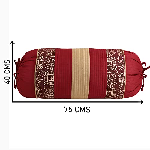 Image of Gifts Island Set of 2 Polyester Silk Traditional Hand-Block Printed & Striped Bolster Covers (Dark Maroon)