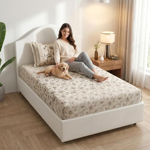 Image of Mafatlal 186 TC Spring Glory Graceful Pure Cotton Single Flatsheet (60 x 90 Inch) | Breathable Summer Comfort | Wrinkle-Free Floral Bedsheet with 1 Pillow Cover, Floral Beige