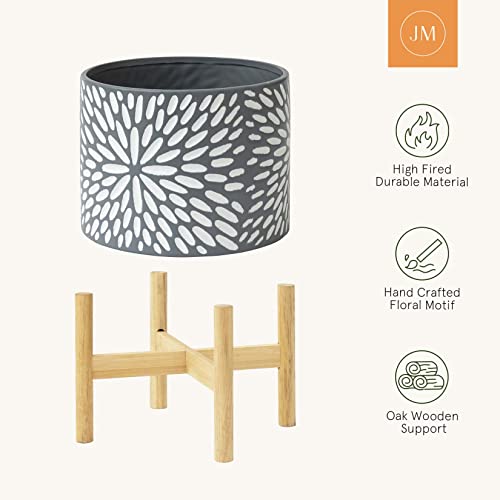 Image of LA JOLIE MUSE Ceramic Planter with Wood Stand - 8 Inch Unique Modern Flower Pots Indoor with Wood Planter Holder and Drainage, Frost Gray