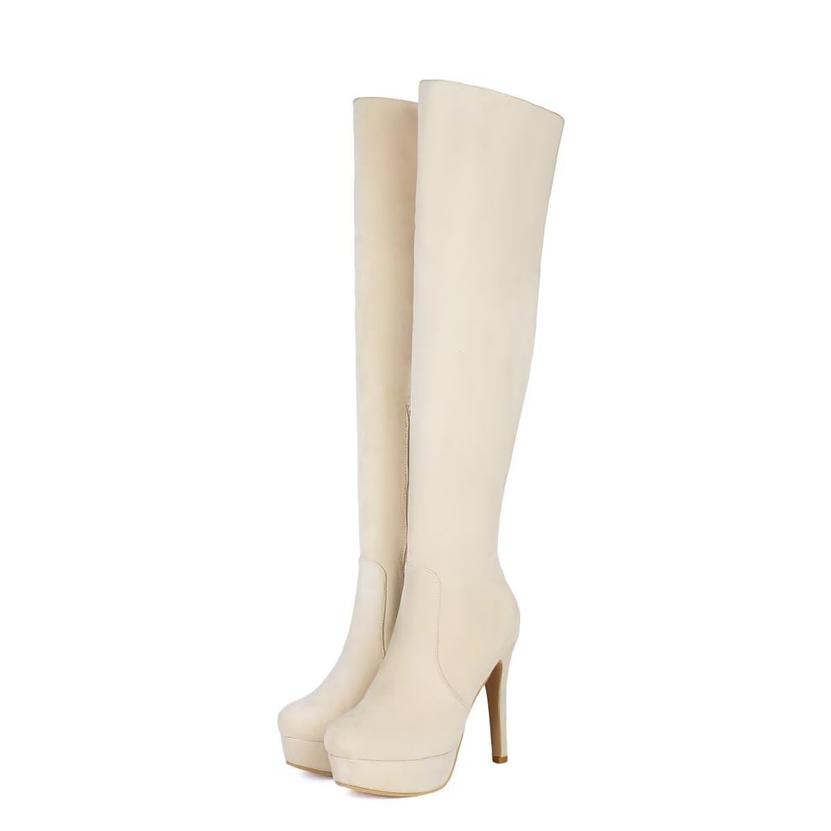 Women Thigh High Boots Suede Over Knee Boot Platform Chunky Block Heels Stiletto Sexy Half Side Zipper Round