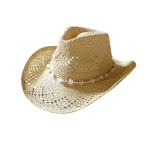 FeMereina Women Men Straw Cowboy Hats Sparkly Western Cowgirl Hat for Holiday Foldable Vacation Beach Sun Hat with Wide Brim for Summer (Ivory ONE Size)