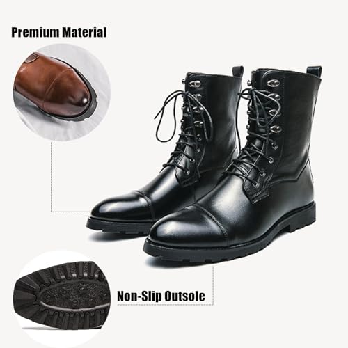 Men's Genuine Leather Patchwork Rivet Cap Toe Combat Boots Fashion Lace Up Round Toe Block Chunky Heel Mid Calf Derby Booties For Riding Hunting2