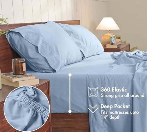 Image of RUVANTI 100% Cotton Percale Sheets Queen - Crisp Cooling Summer Bed Sheets for Hot Sleepers, Deep Pocket 14 inch, Soft Peach Finish, Breathable & Durable Hotel-Style 4 Piece Set, Smoky Blue