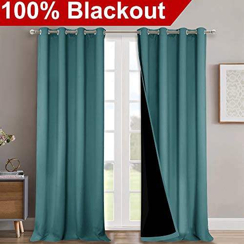 Image of NICETOWN Full Shading Curtains 90 inch Long 2 Panels Set for Windows, Sea Teal, Pack of 2, 52 inch W, Super Heavy-Duty Black Lined Blackout Curtains for Bedroom, Privacy Assured Window Treatment