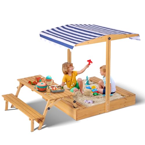 TITIMO Kids Wooden Sandbox with Adjustable Canopy, Large Sand Pit with Foldable Picnic Table, Outdoor Sand Box with Lid and Upgrade Retractable Roof, Children Outdoor Wooden Playset for Backyard