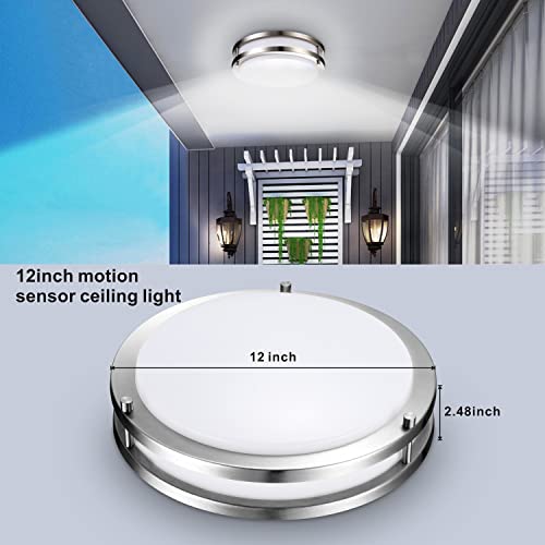 Lineway Motion Sensor Ceiling Light Led Flush Mount Light Indoor Outdoor 12Inch 22W 2200Lm Brushed Nickel Ceiling Lamp Range Timer Selectable For Laundry Garage Hallway, Daylight White #TOP2