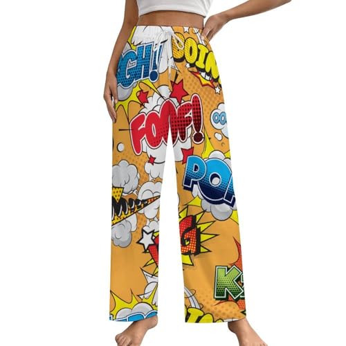 Unisex Pajama Pants, Comics Art Pop Pattern Classic Drawstring Waist Loose Fit PJ Sleepwears with Pockets for Coulpe
