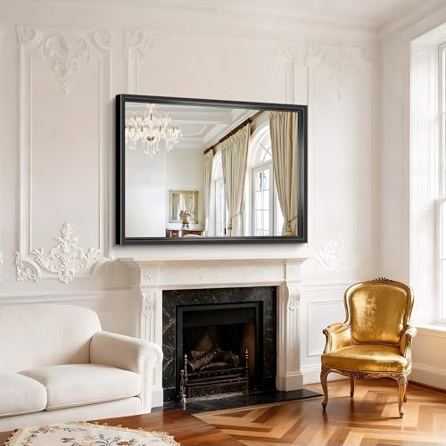 Image of Black Rectangle Mirror, 48 x 36 Inch Large Bathroom Mirrors for Over Sink, 0.6 inch Thickened Deep Frame Rectangular Wall Mirror, Brushed, Tempered Glass, Antirust, Horizontally /Vertically