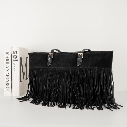 Image of Hoce Women's Leather Fringe Messenger Bag Large Hobo Crossbody Tassel Shoulder Bags, Gift for Mom Wife Girlfriend
