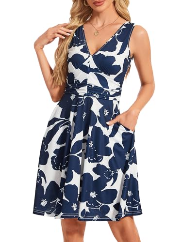 Image of Women's Spring Floral Sundress Sexy V Neck Sleeveless Ruffle Flowy Tank Short Summer Dress with Pockets