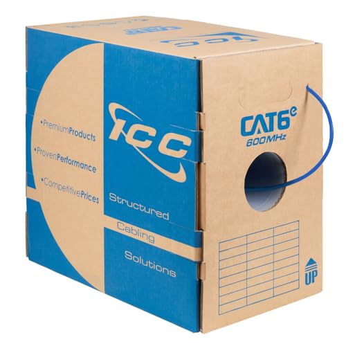 ICC Cat6e CMR Riser 1000ft - UTP 23AWG 100% Solid Pure Copper Unshielded Bulk Ethernet Cable PoE++ 600MHz Reelex Pull Box UL Certified RoHS TAA and NEC Compliant Blue
