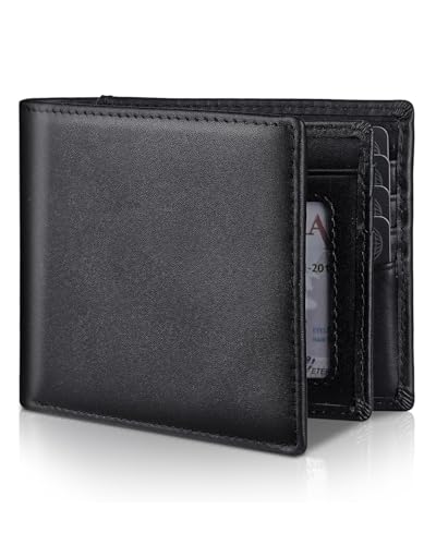 Mens Genuine Leather Bifold RFID Blocking Wallet with 14 Card Slots, ID Window & 2 Cash Pocket - Includes Gift Box