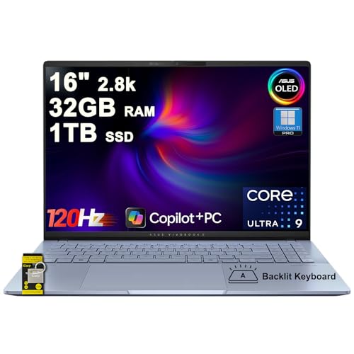 ASUS Vivobook S16 AI PC Laptop 16' 2.8k OLED 120Hz (600nits, 100% DCI-P3) Intel 16-core Ultra 9 285H 32GB DDR5 1TB SSD Backlit for Designer Creator Business Professional Win11Pro ICP Hub