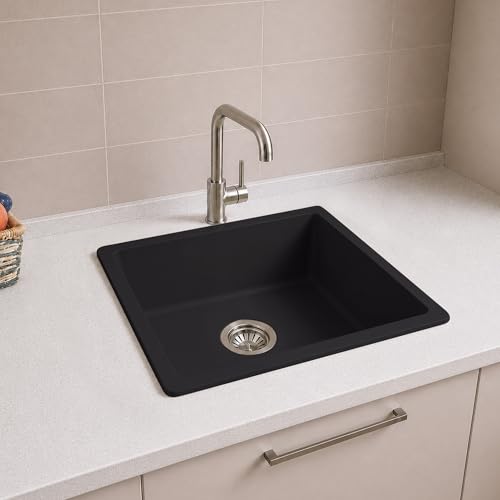 Image of Carissa By Carysil Titanium Max Quartz Kitchen Sink 21 x 18 x 8 inches, Single Bowl Granite Sink with 80% Quartz & 20% Resin, Heat Resistant 300C, 50kg Load Bearing, Stain Resistant - Z-Black