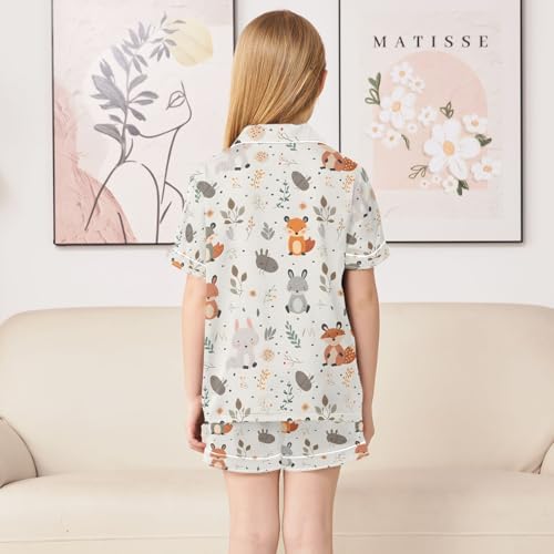 ALAZA Fox Rabbit Squirrel Leaves Pajamas Satin Pajama Set Short Sleeve Button Down Sleepwear4