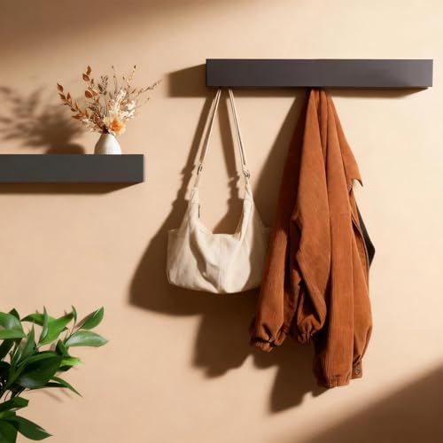 WJUAN 60cm Wandgarderobe mit Ablage, Moderne Garderobenleiste mit 7 Verdeckten Kleiderhaken, Schwarz Garderobe Wand für Flur, Schlafzimmer & Wohnzimmer, Jackenhalter Wand