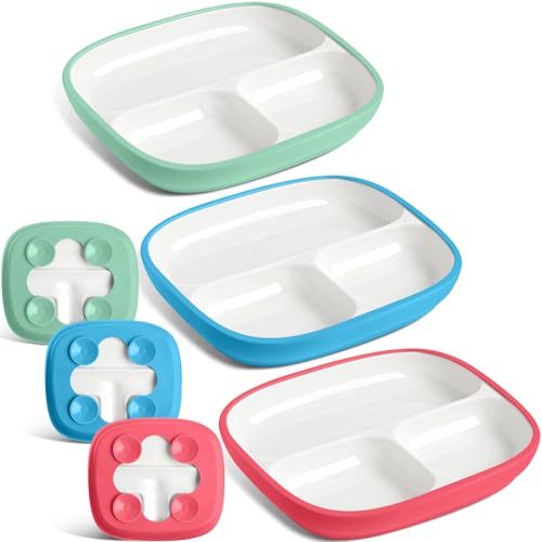 Image of Domensi 3 Set Kids Porcelain Plates with Silicone Sleeves 8.2 Inch Divided Porcelain Plate Toddler White Suction Dishes for Baby Troubleless Eating Microwave Dishwasher Safe (Bright)