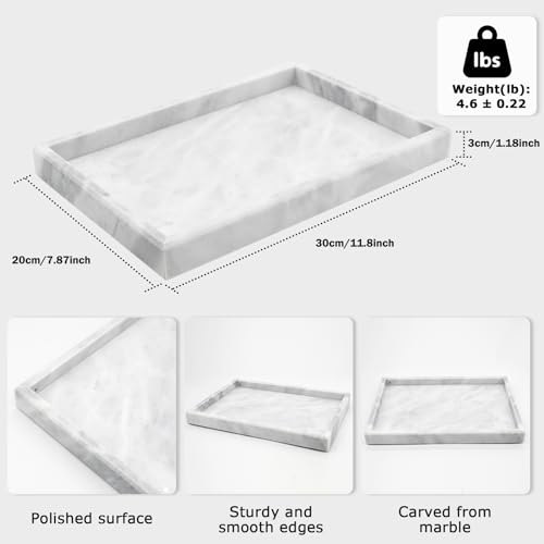 Image of Marble Bathroom Tray,Pure Natural Marble Vanity Tray,Marble Tray for Kitchen Counter Non-Ceramic /Non-Resin,Stone Tray 12 x 8 inch (White)
