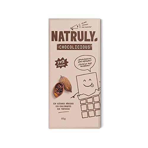 NATRULY Tableta de Chocolate Negro con Leche sin Azúcar y sin Edulcorantes con Fibra de Achicoria, sin Gluten, Cacao 72% -85 g