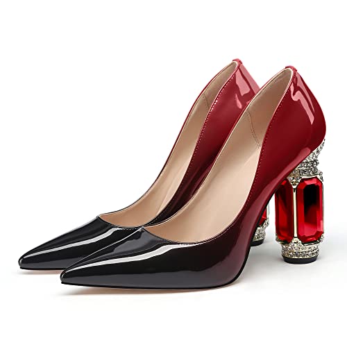 Image of JANSEVEN Women Chunky Heels Pumps Crystal Block Heels with Rhinestones Pointed Toe Sexy Gradient Patent Leather Slip on Bridal Party Wedding Dress Shoes 5-13 M US