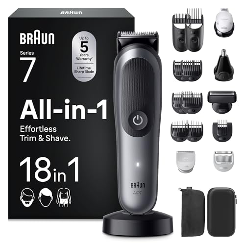 Image of Braun 18-in-1 All-In-One Trimmer, Series 7 Grooming Kit for Men Beard Trimmer, Hair Clipper & Body Groomer with ProBlade, AutoSense, 120 Min Cordless, Waterproof AquaGrip - AIO7585 Grey