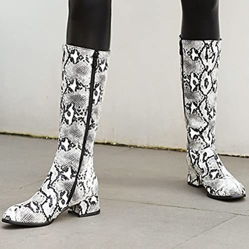 Snakeskin Knee High Low Heel Boots Women Colorful Snake Print Boots Round Toe Side Zipper Block Chunky Heel Boots4