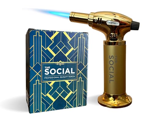 THE SOCIAL Professional Quality Torch - refillable culinary butane torch with safety lock and adjustable flame, great for smoking cocktails, lighting cigars, caramelizing crème brulé and so much more