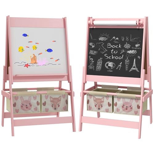 AIYAPLAY Lavagna per Bambini 3 in 1 con 2 Contenitori, Cavalletto Artistico in Legno per Bambini 3-8 anni, 54x46.5x93cm, Rosa