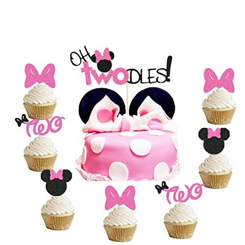 Oh Twodles Minnie Cake Topper and Mouse Cupcake Topper,Second 2nd Birthday Party Supplies Decorations for Baby Girl 31Pcs(Pinkï¼‰