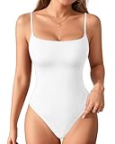 MANGOPOP Women's Cami Thong Bodysuit Double Lined Square Neck Backless Body Suit Adjustable Spaghetti Strap Tops White L