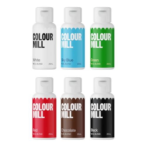 Image of Colour Mill Oil Blend Food Coloring, Holiday Pack - 20 Milliliters Each of 6 Colors: Black, Chocolate, Green, Red, Sky Blue and White