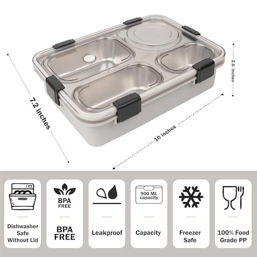 Image of Storescent Lunch Box with Compartment, Leak-Proof BPA Free Stainless Steel for School, Lunch Box for School & Office with a Fork, a Spoon and a Pair of Chopsticks (Grey, 4 Compartment)