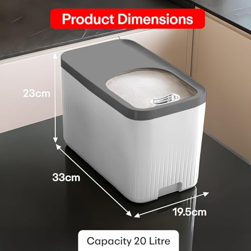 Image of Rioware Rice Storage Container- 10Kg+10kg (Set of 2) Kitchen Dispenser Set Containers| Airtight Moisture Proof Plastic Grain Dispensers| Rotating Daal Store Box - Greyish White Ricelux