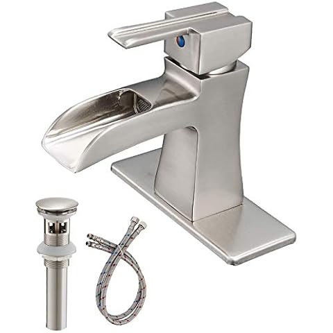 Bathadore Bathroom Sink Faucet Satin Waterfall Single Handle One Hole Brushed Nickel with Pop Up Drain Assembly and Hose Supply Lavatory Mixer Tap Cover