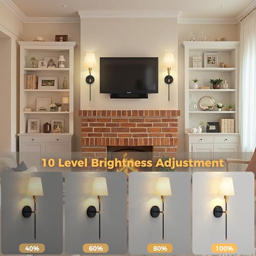 Image of DORESshop Battery Operated Wall Sconce Set of 2, 7 Color Wireless Wall Light Easy to Install, Sconce Wall Decor Set of 2 for Bedroom, Living Room, Fabric Linen Shade, Gold and Black, 24.6in