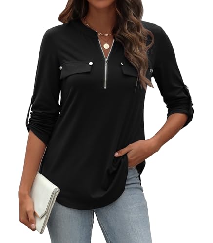 LuckyMore Women's 3/4 Sleeve Tops Cuffed Zip V Neck Business Casual Work Blouses Tunic Shirts