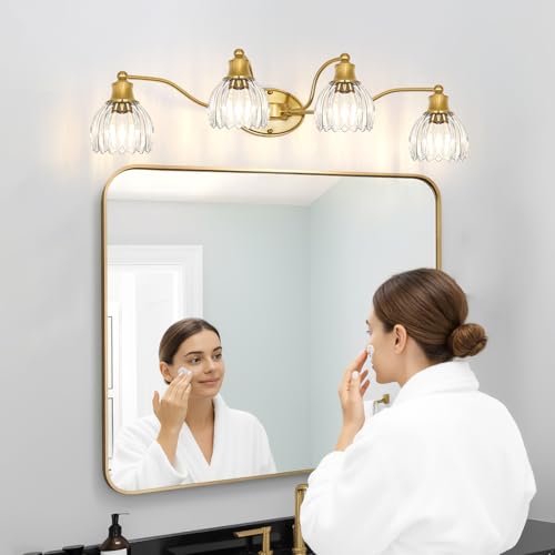 Image of Vintage 4 Light Vanity Light, Brushed Gold Bathroom Vanity Light, 33.3 Inch Bathroom Light Fixtures with Glass Shade, Antique Vanity Light Fixtures Over Mirror, Wall Sconce for Bedroom, Living Room