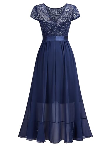 Image of Miusol Women's Scoop Neck Sequined Floral Lace Ruffle Wedding Party Dress | Sequin lace, scoop neck, cap sleeve, ruffle design dress for cocktail party, wedding and formal