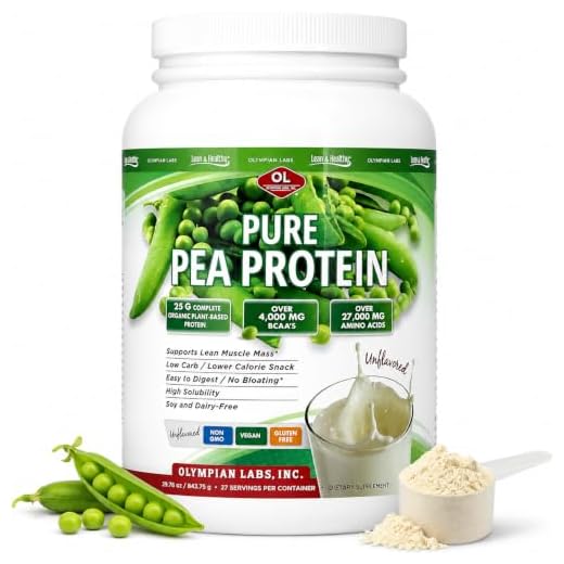 Olympian Labs Plant Based Pea Protein Powder, Unflavored - 25g of Protein, Vegan, Low Net Carbs, Gluten Free, Lactose Free, No Sugar Added, Soy Free, Non-GMO, 2 Pound Pea Protein Powder
